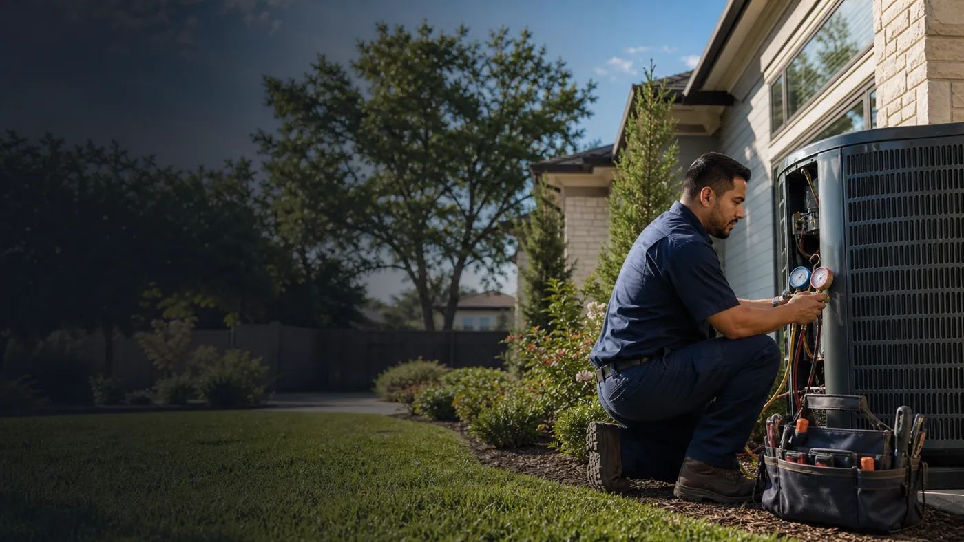 HVAC technician servicing an outdoor air conditioning system