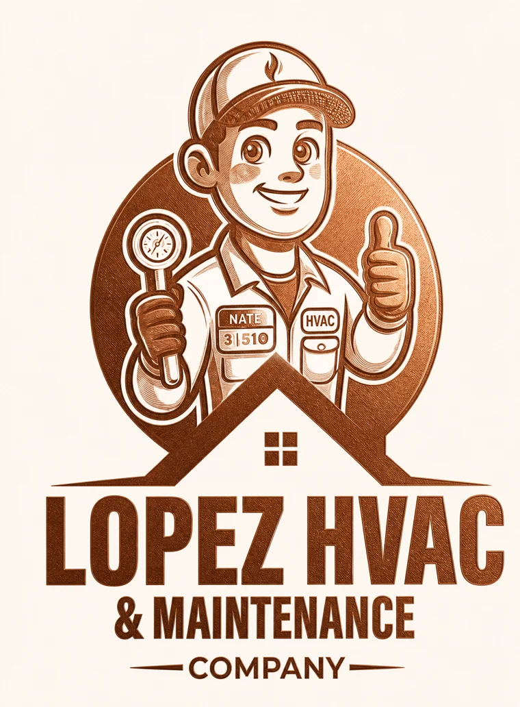 Lopez HVAC and Maintenance company emblem with a friendly technician holding a pressure gauge