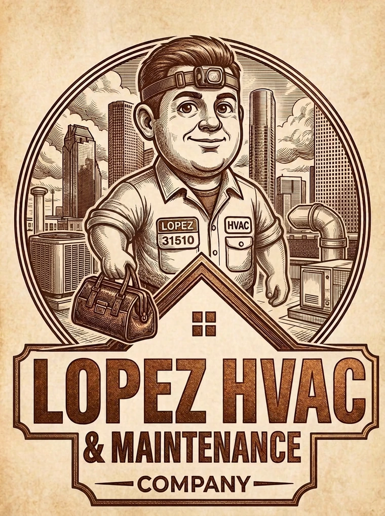 Lopez HVAC and Maintenance company emblem with a friendly technician carrying an HVAC tool bag